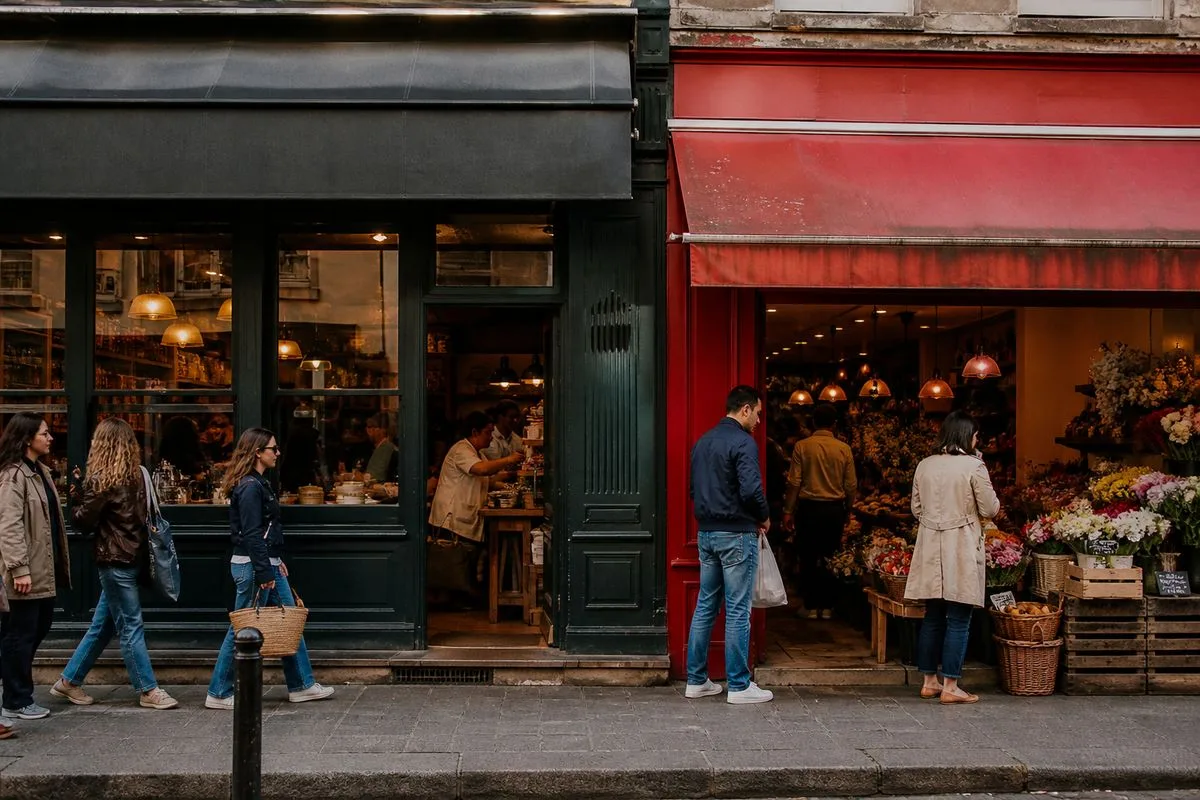 Two neighboring shops with contrasting storefronts on a bustling street