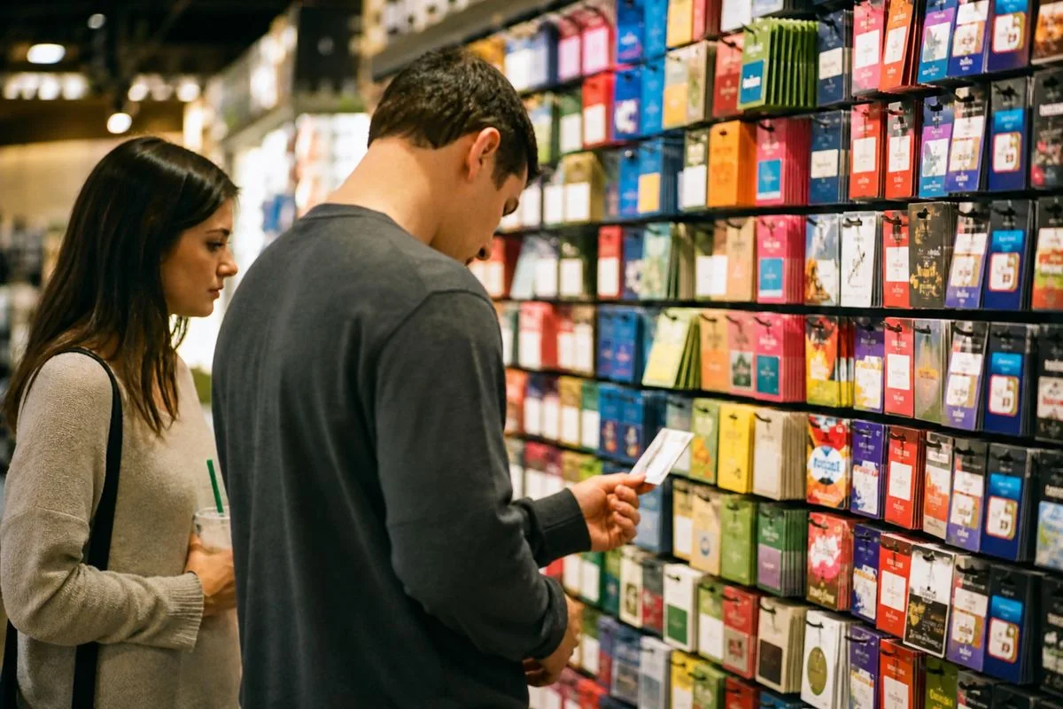 Shoppers browsing diverse branded gift cards in a retail store