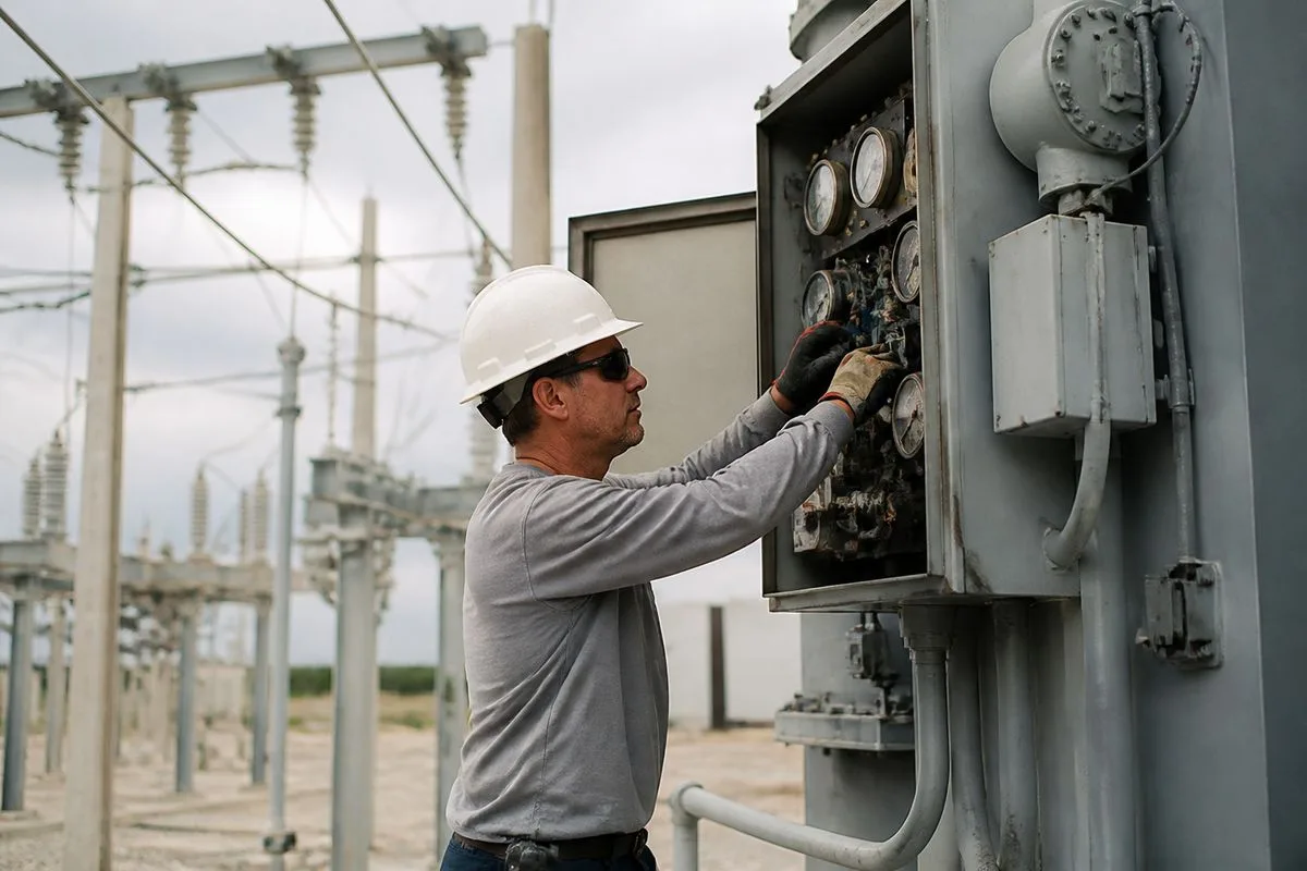 A technician inspecting Florida Power and Light equipment outdoors
