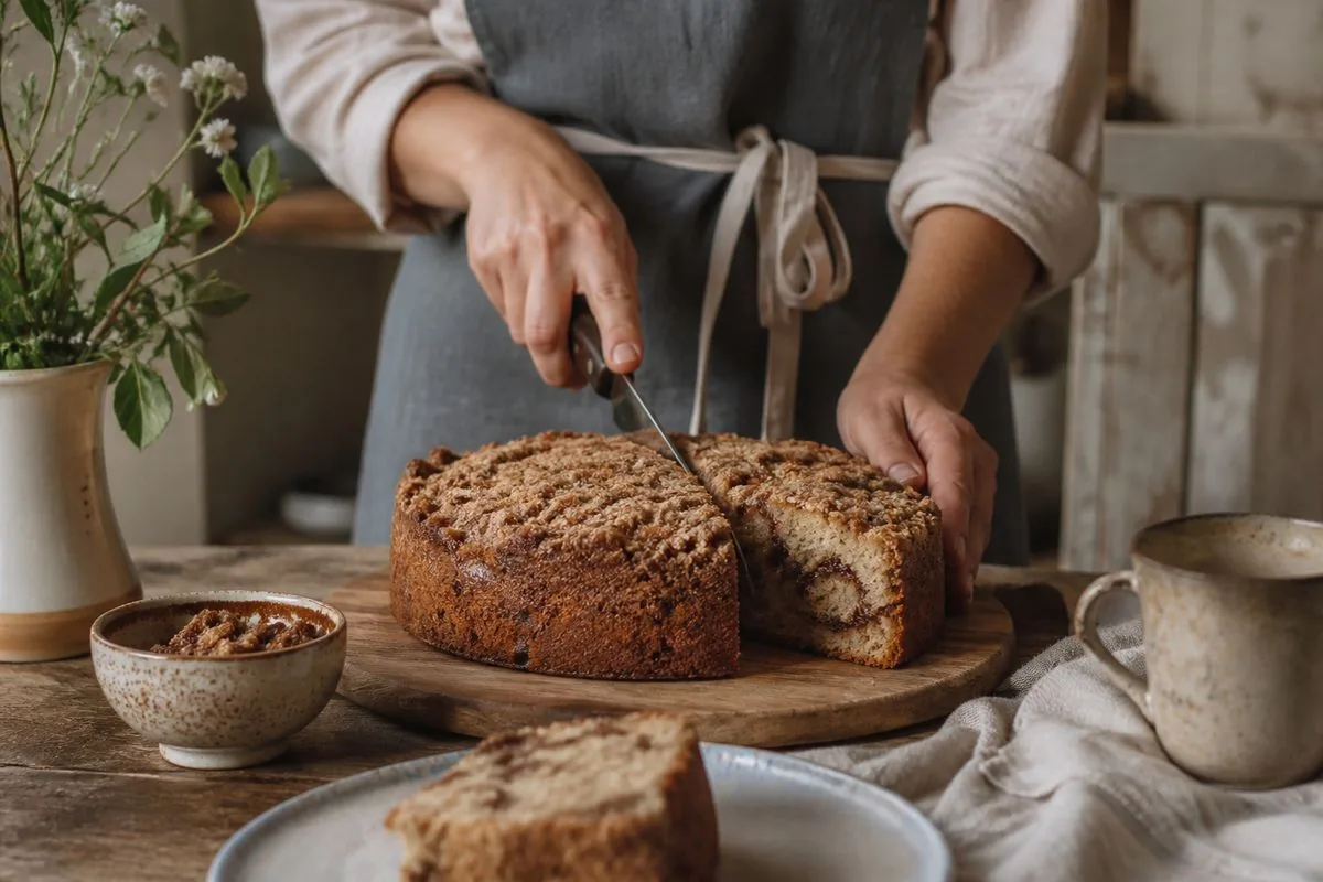 A baker slicing a classic coffee cake at a rustic kitchen table