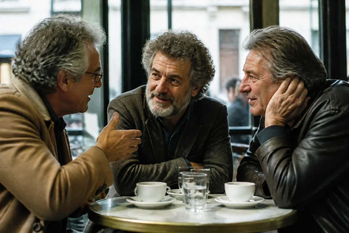 Three men named George engaged in a lively discussion at a café