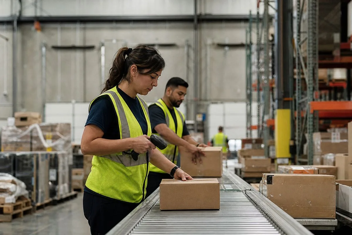 Warehouse workers scanning packages in a large distribution center