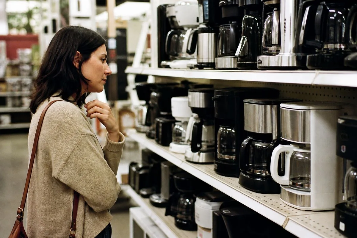 A shopper comparing budget and premium coffee makers in store aisle