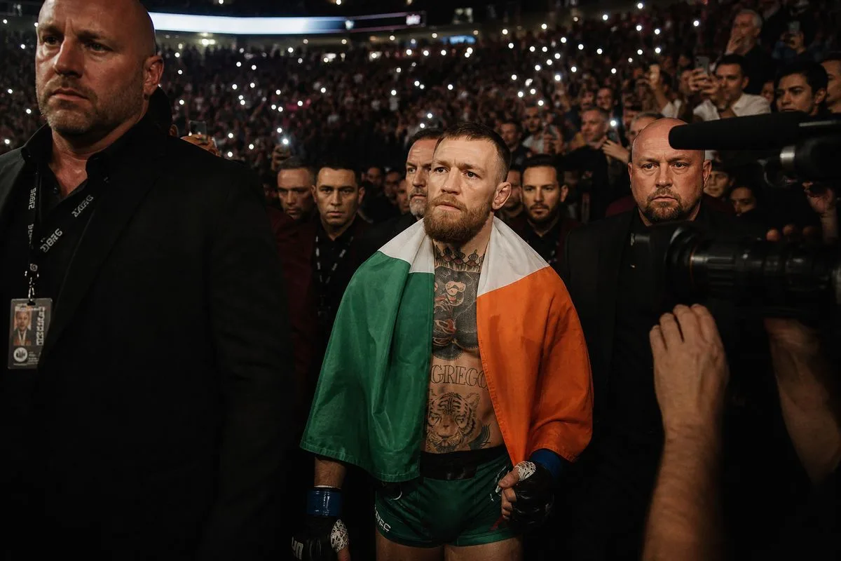 UFC fighters entering a packed arena with dramatic lighting