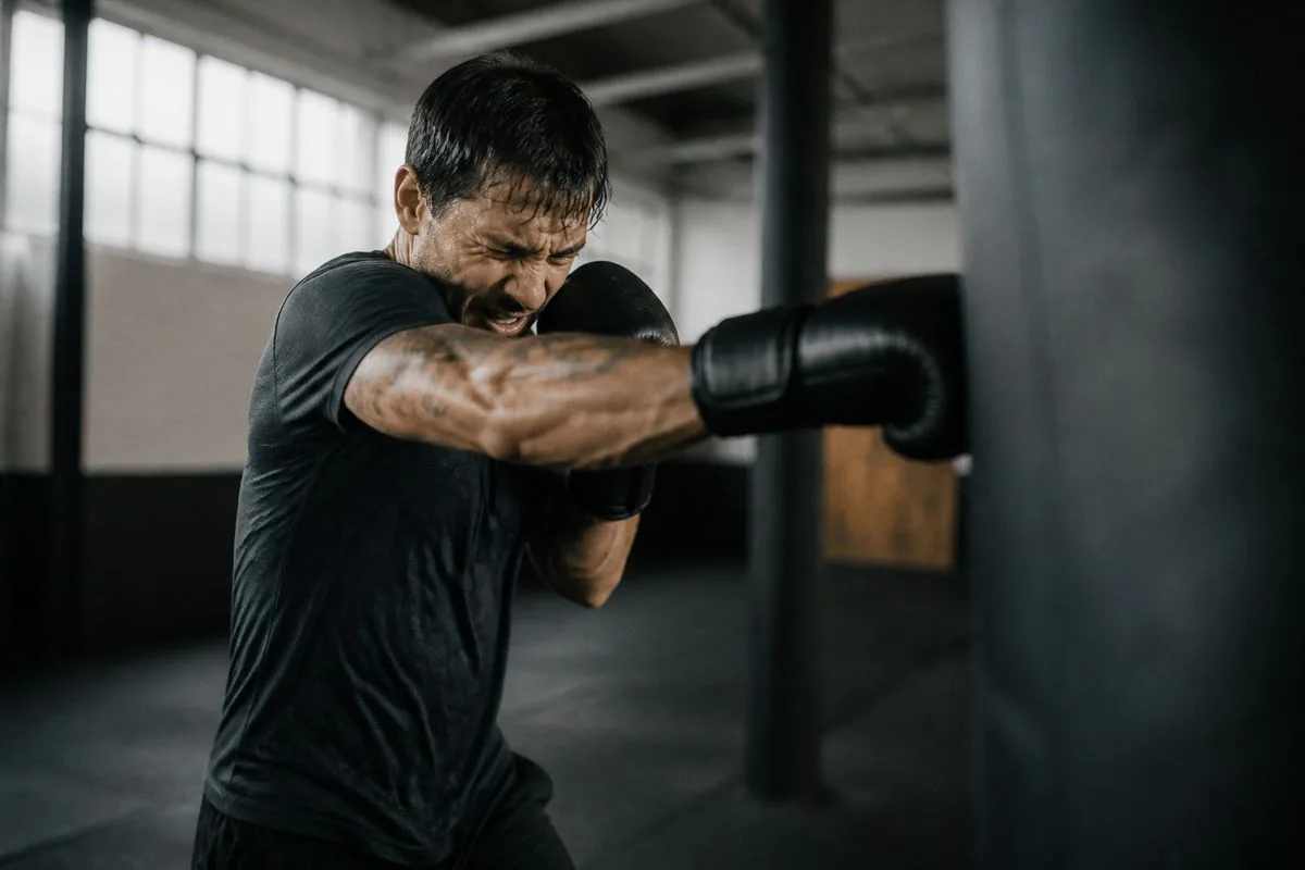A fighter intensely punching a heavy bag in a gym.