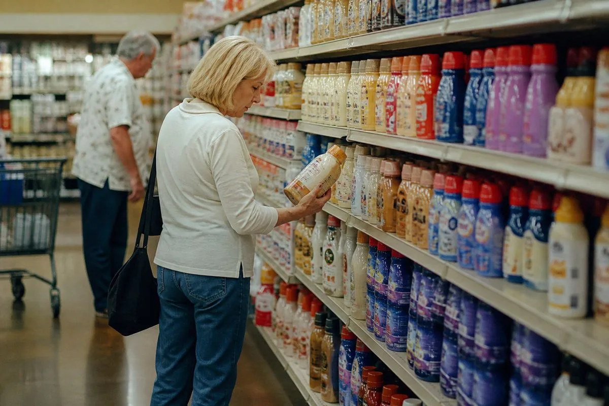 Shoppers browsing discounted coffee creamer aisle shelves