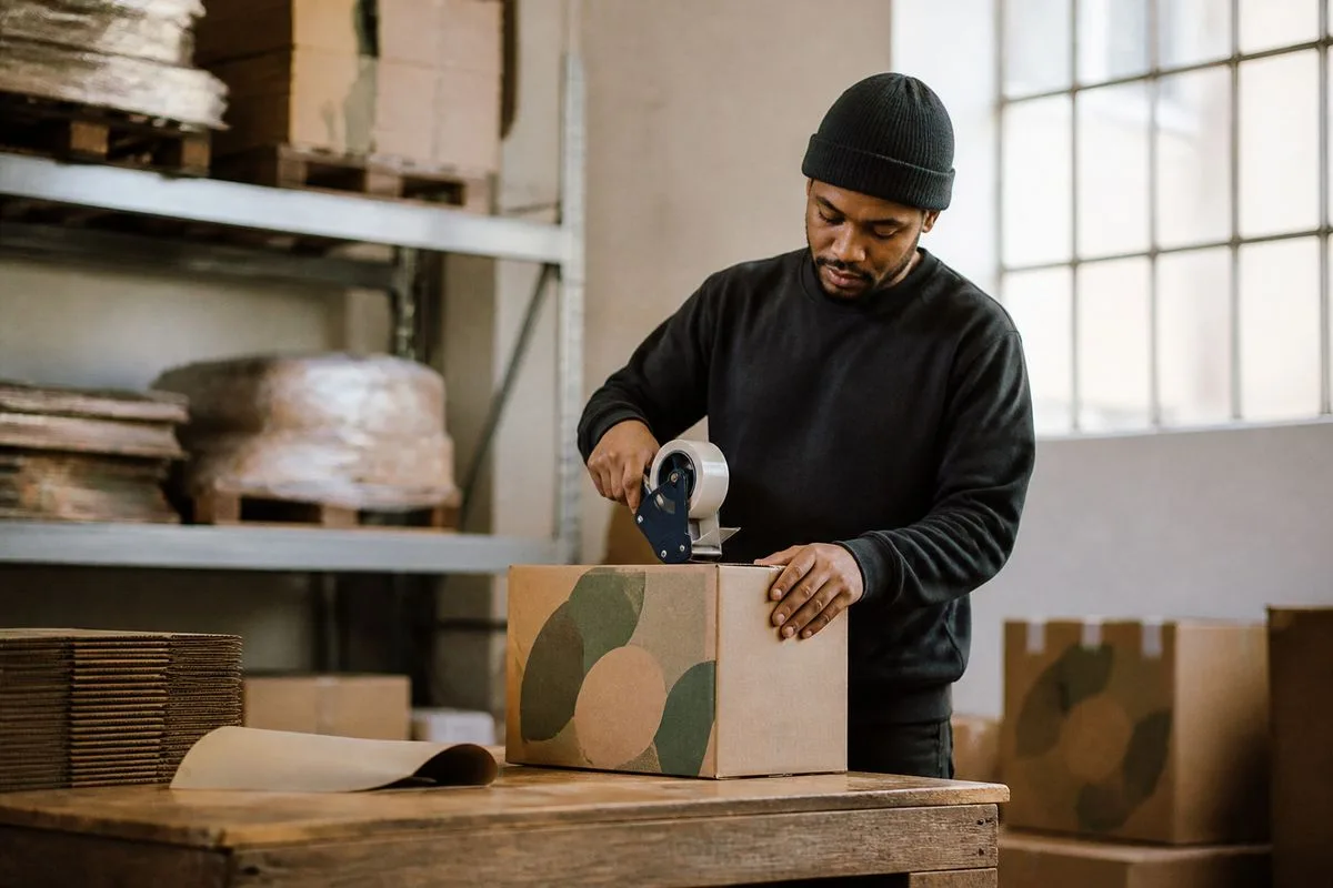 A warehouse worker packing branded boxes for shipment