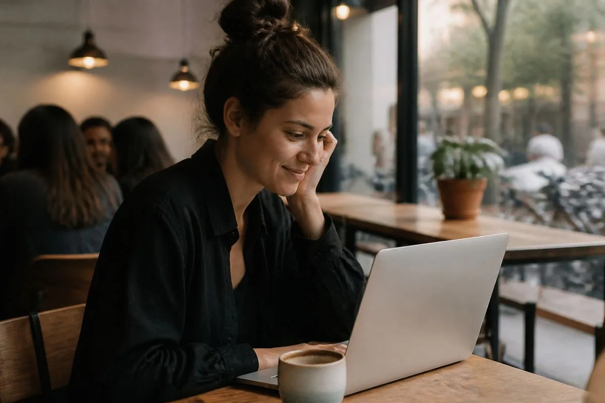 A woman reading comments on her laptop in a café.