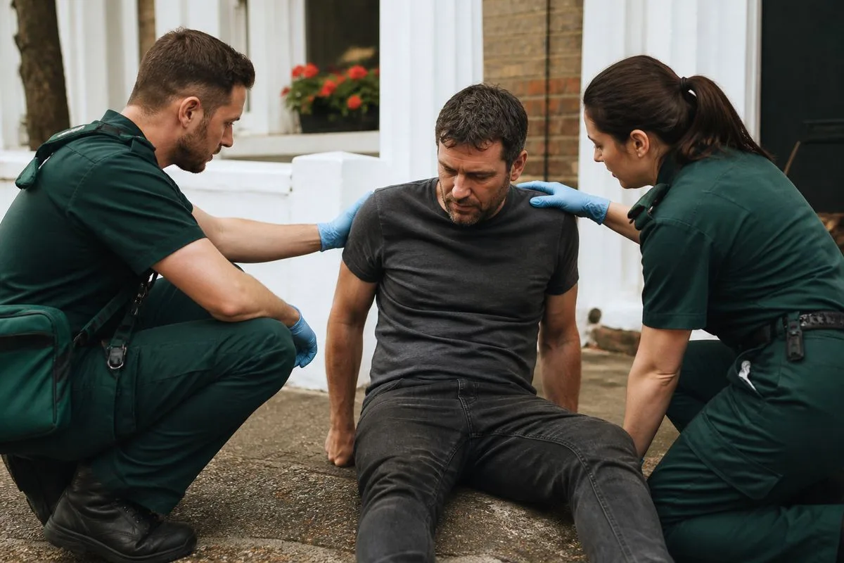 Paramedics assisting a man outside a residential home