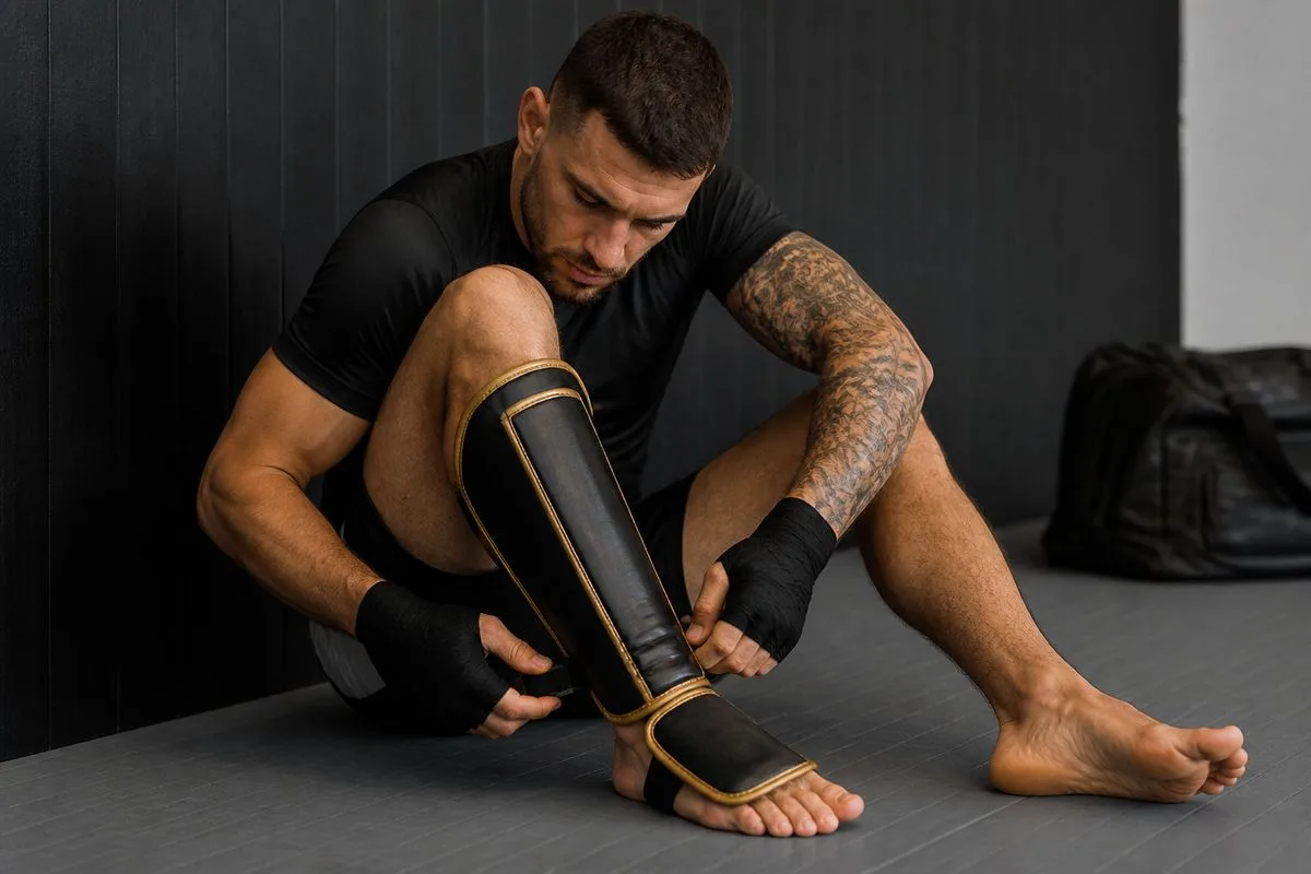A fighter lacing up premium UFC shin guards before training