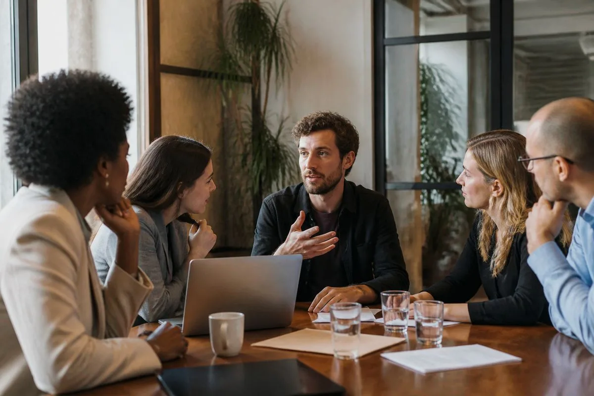Employees collaborating around a conference table in an office.