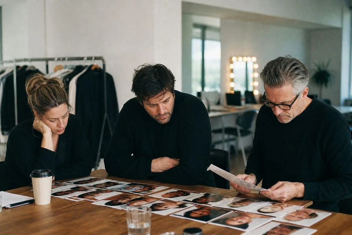 Casting directors reviewing headshots in a studio.