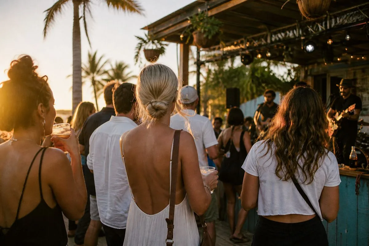 Guests enjoying live music at an outdoor bar at sunset