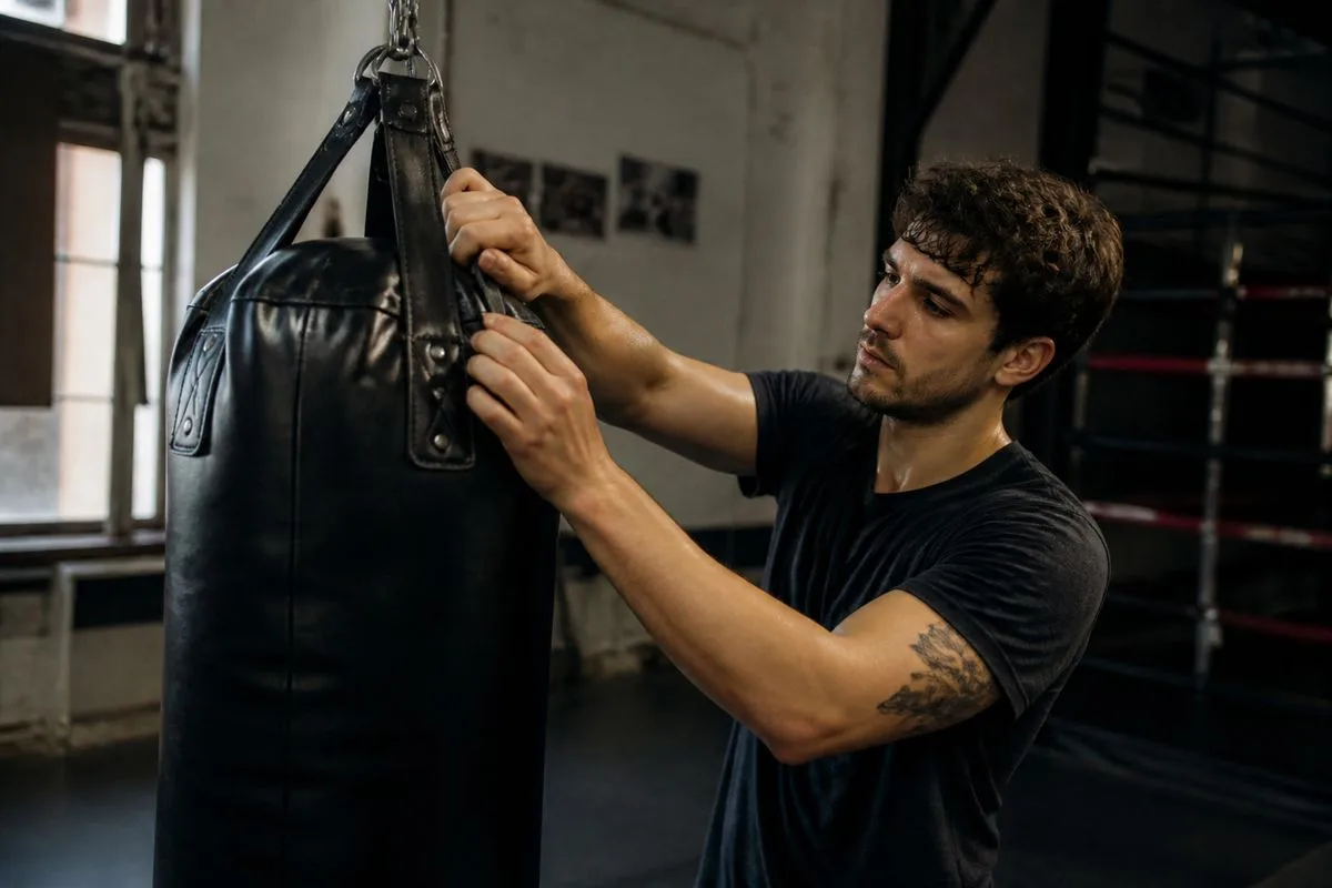 A fighter adjusting a heavy bag in a gym.