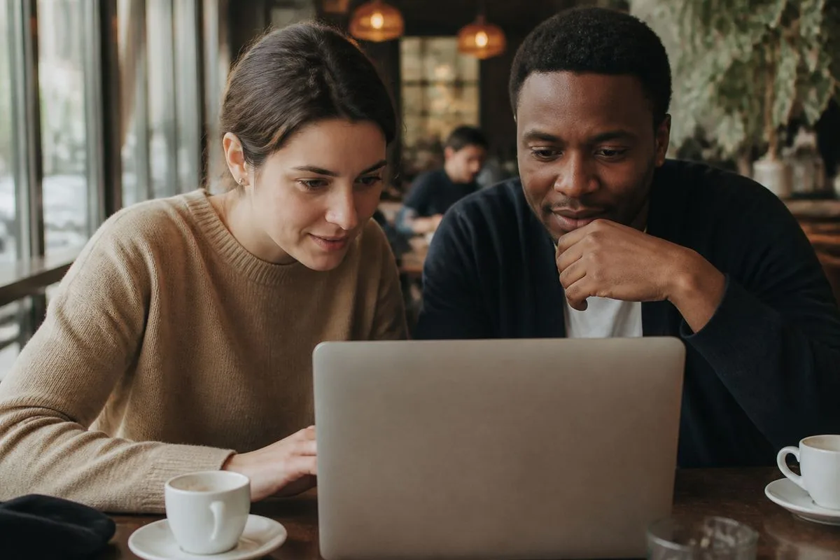 Job seekers comparing listings on a laptop in a café