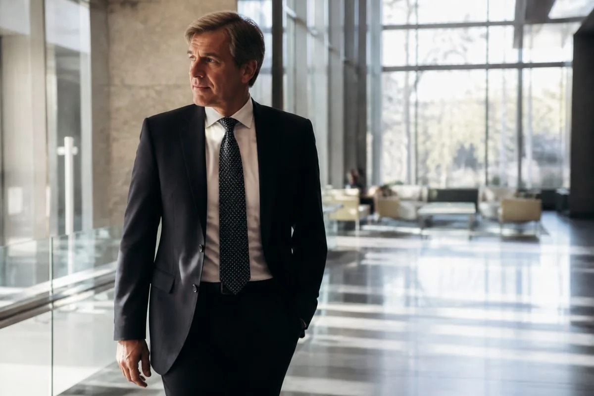A suited executive walking through a corporate office lobby