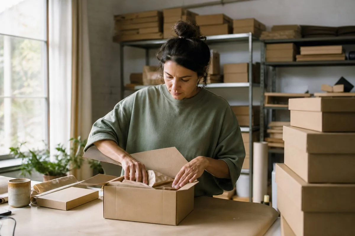 A small business owner packing orders in a home warehouse