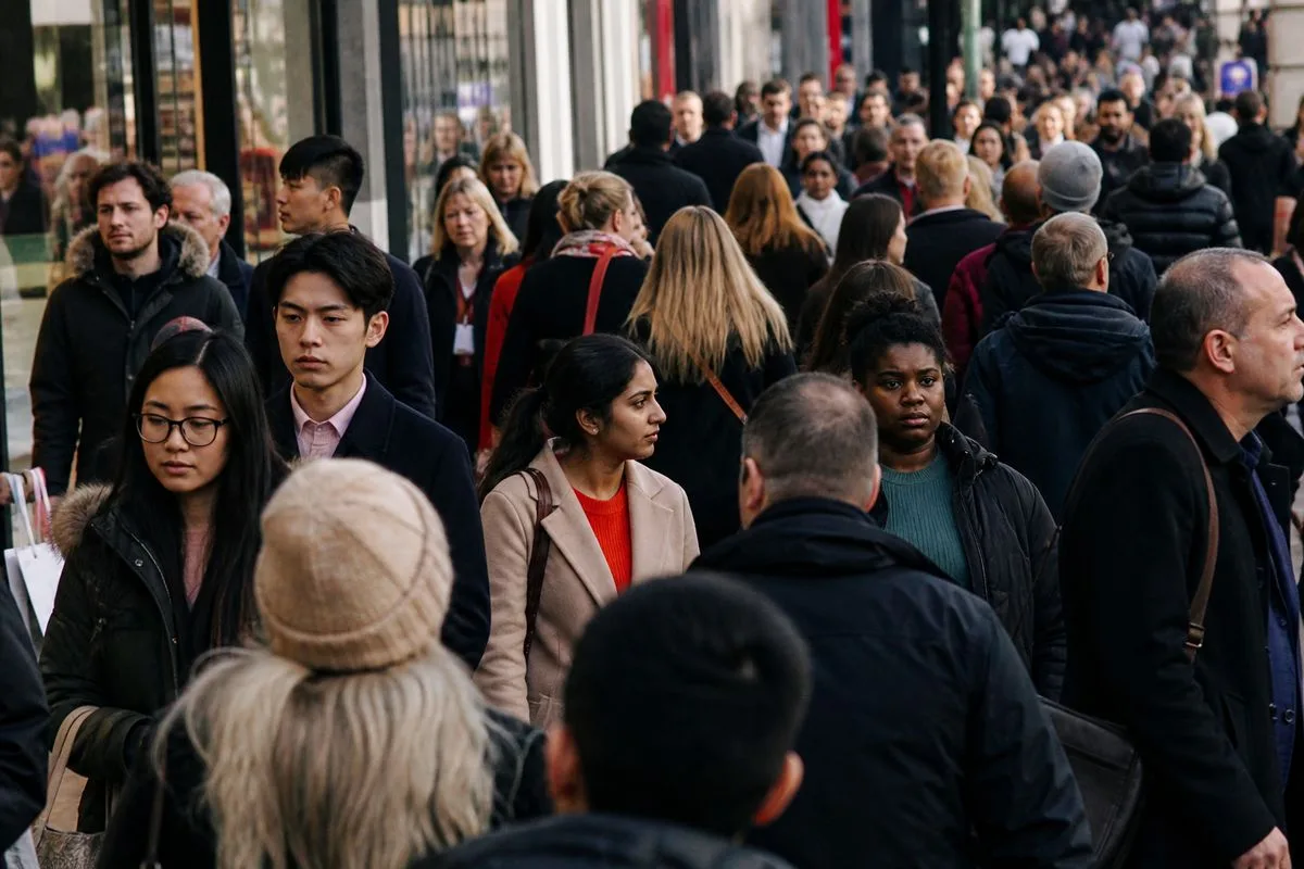 A diverse crowd shopping on a bustling high street.