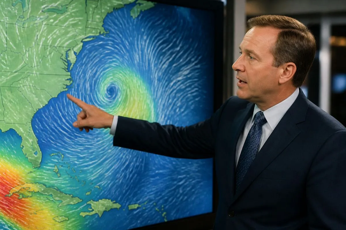 Meteorologist pointing to wind map during forecast briefing