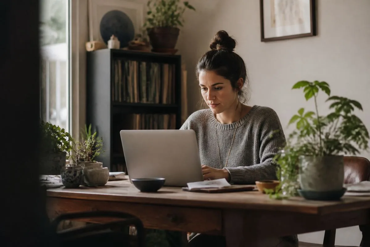 A person working on a laptop in a cozy home office.