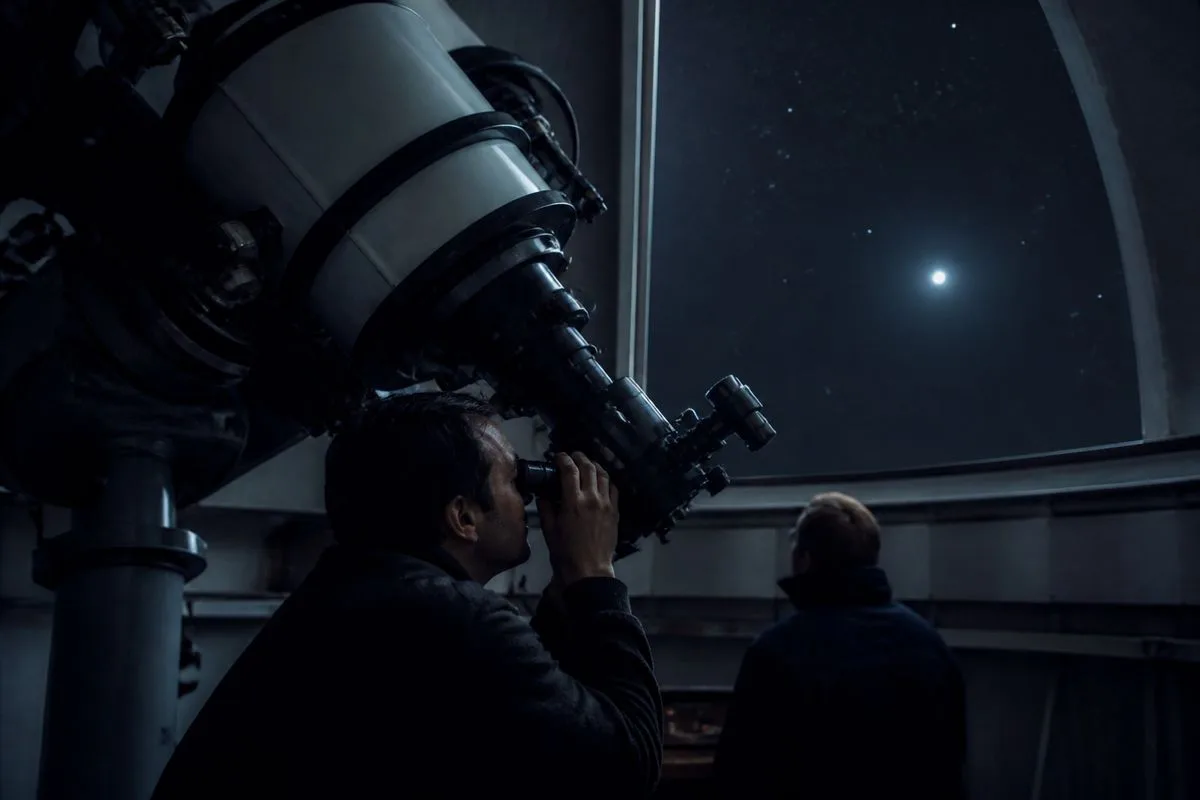 Astronomers observing a white dwarf star through a large telescope
