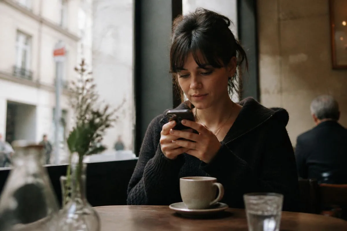 A person scrolling on a smartphone in a cozy café