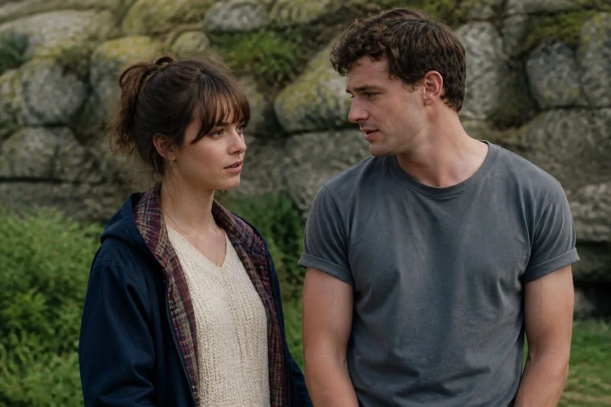Daisy Edgar-Jones and Paul Mescal filming a scene outdoors