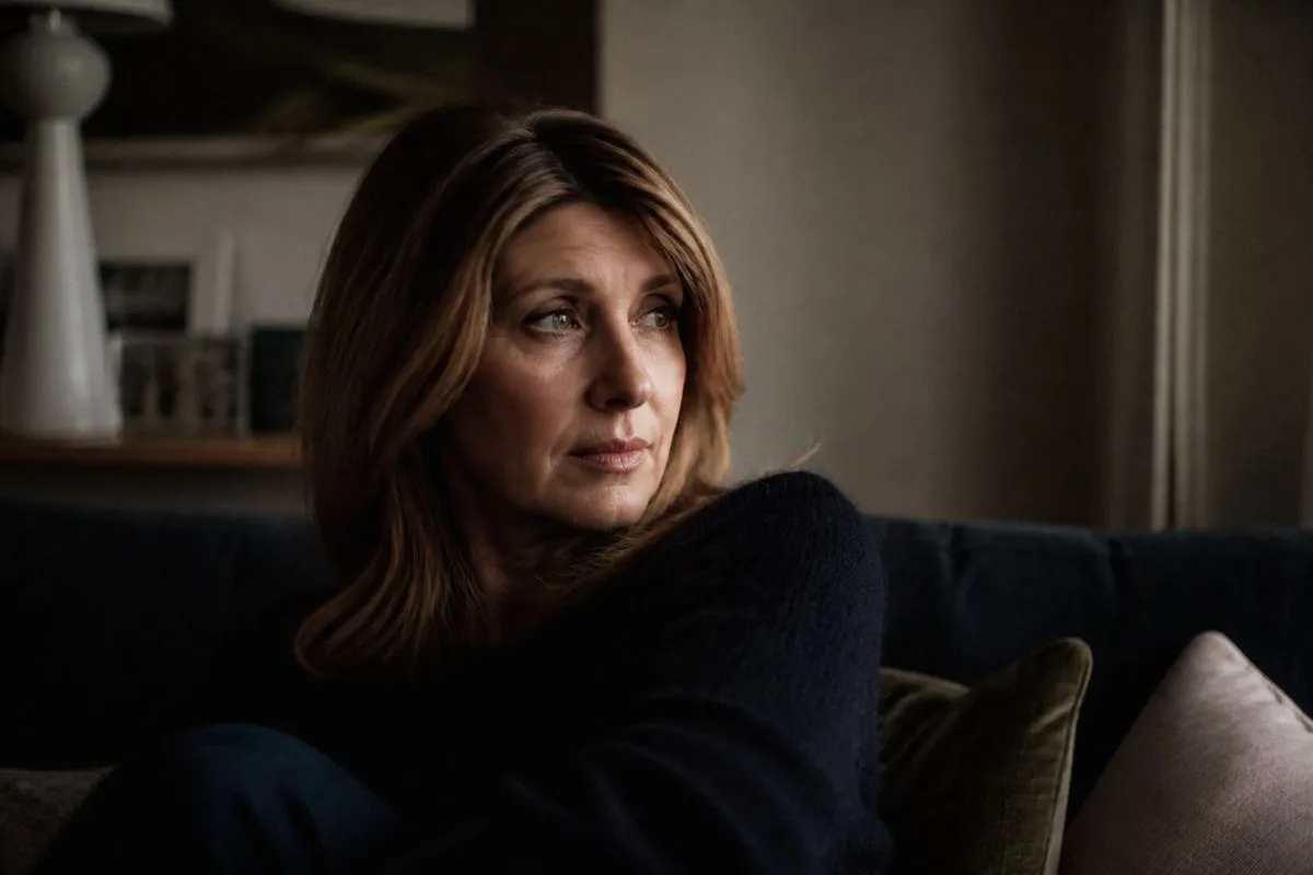 Sharon Horgan looking contemplative in a dimly lit living room