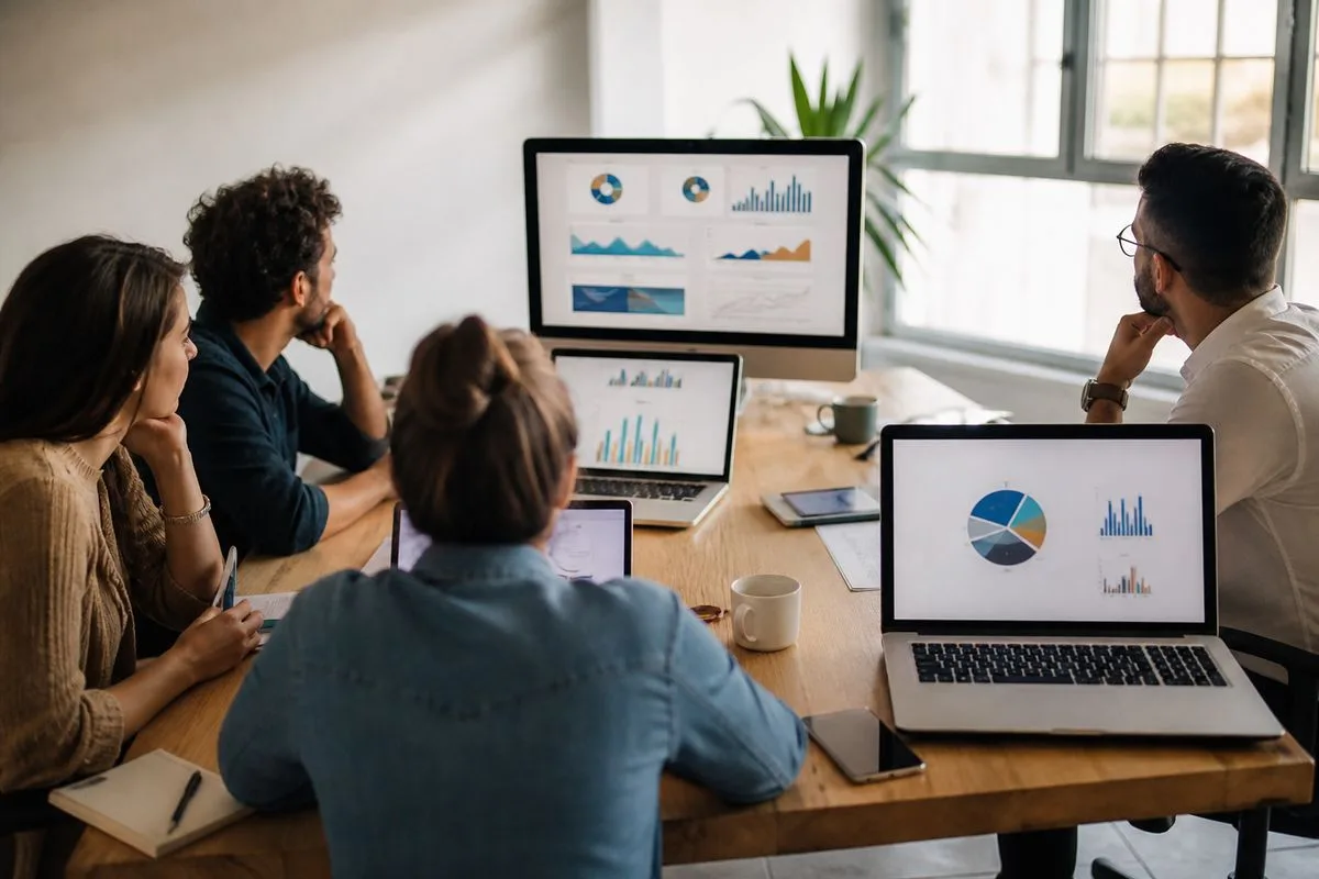 A digital marketing team analyzing website traffic on multiple screens