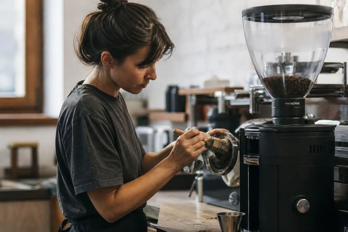 A barista carefully cleaning a coffee grinder in a café