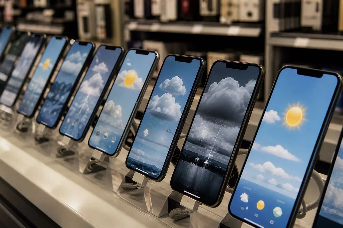 Smartphone screens displaying various weather apps in a store aisle
