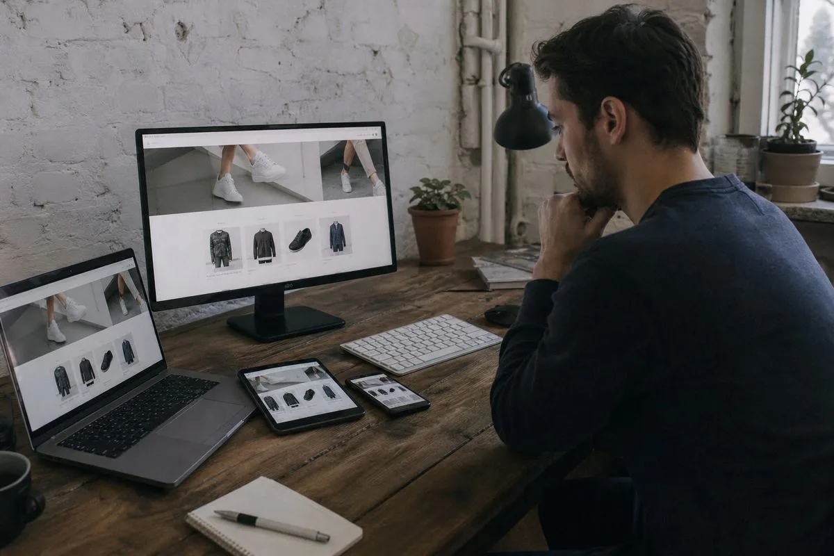 A developer testing an e-commerce website on multiple devices