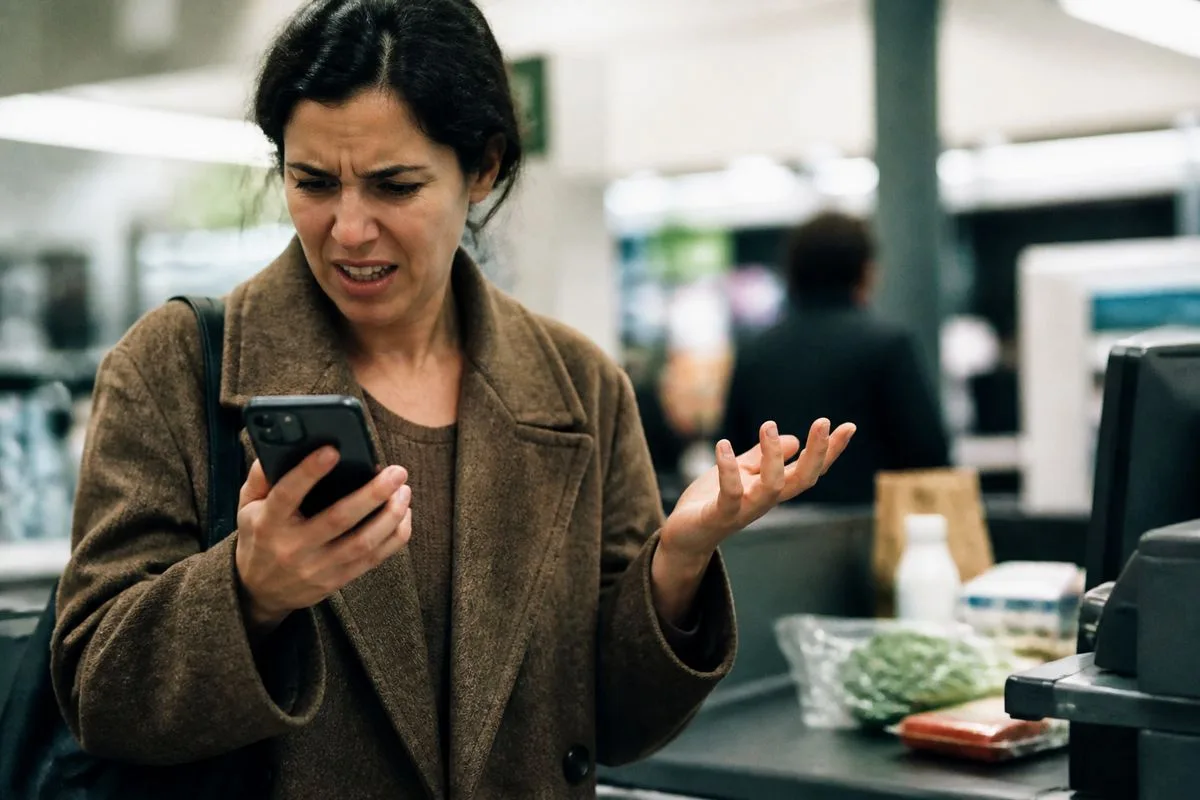 A shopper frustrated at a store checkout with a phone.