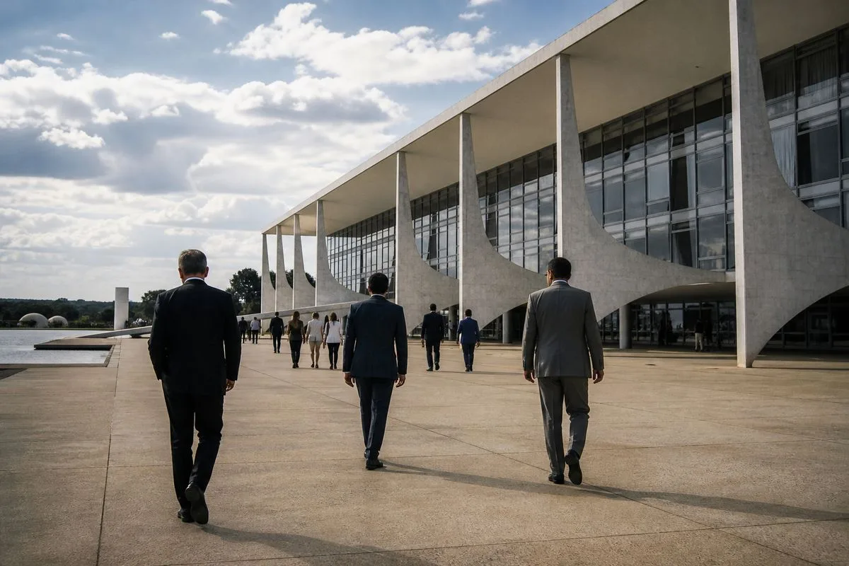 A government building in Brasília with officials walking outside