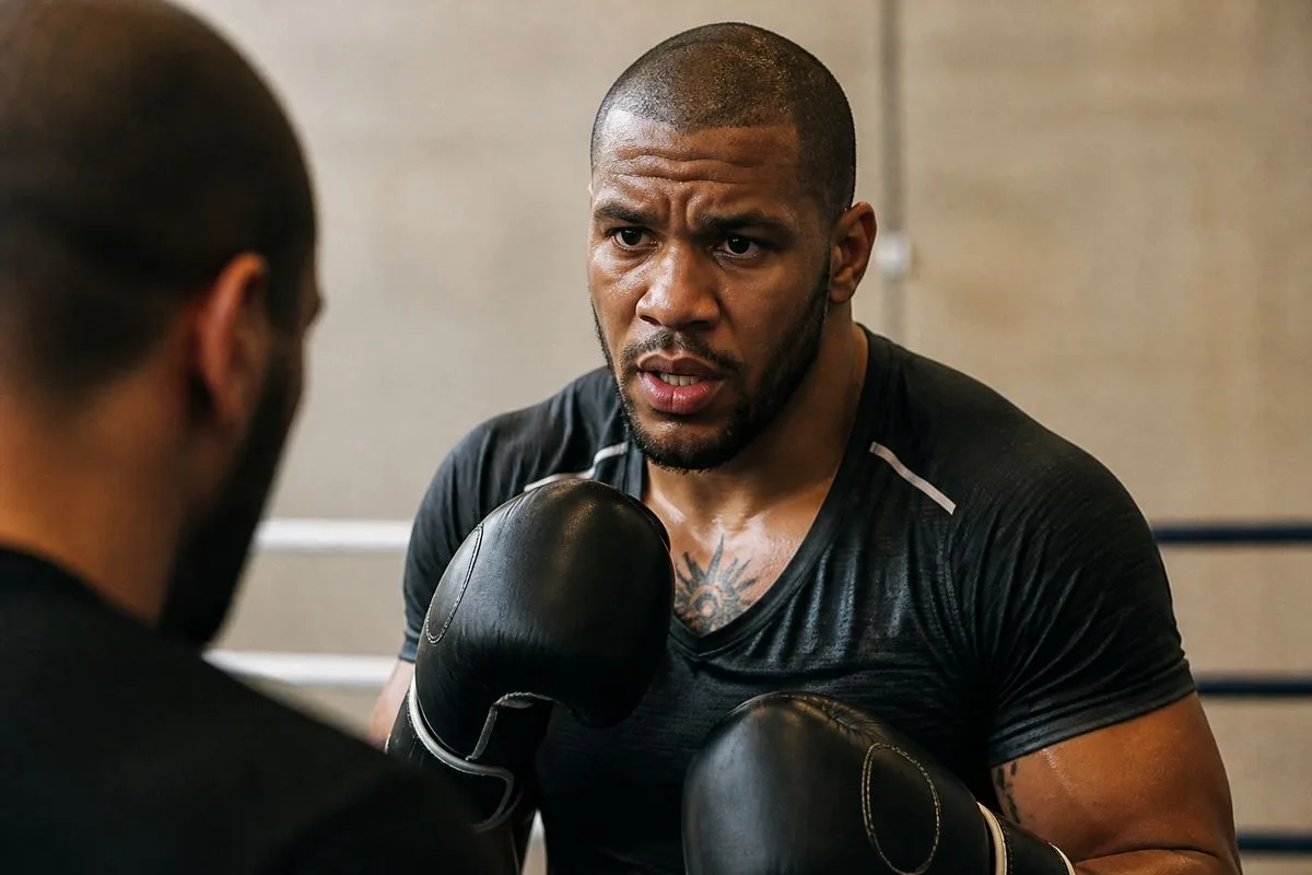 Ciryl Gane training with focus in a gym ring