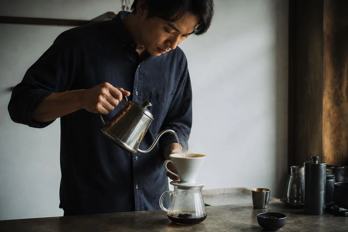 A barista carefully pouring water over a ceramic coffee dripper