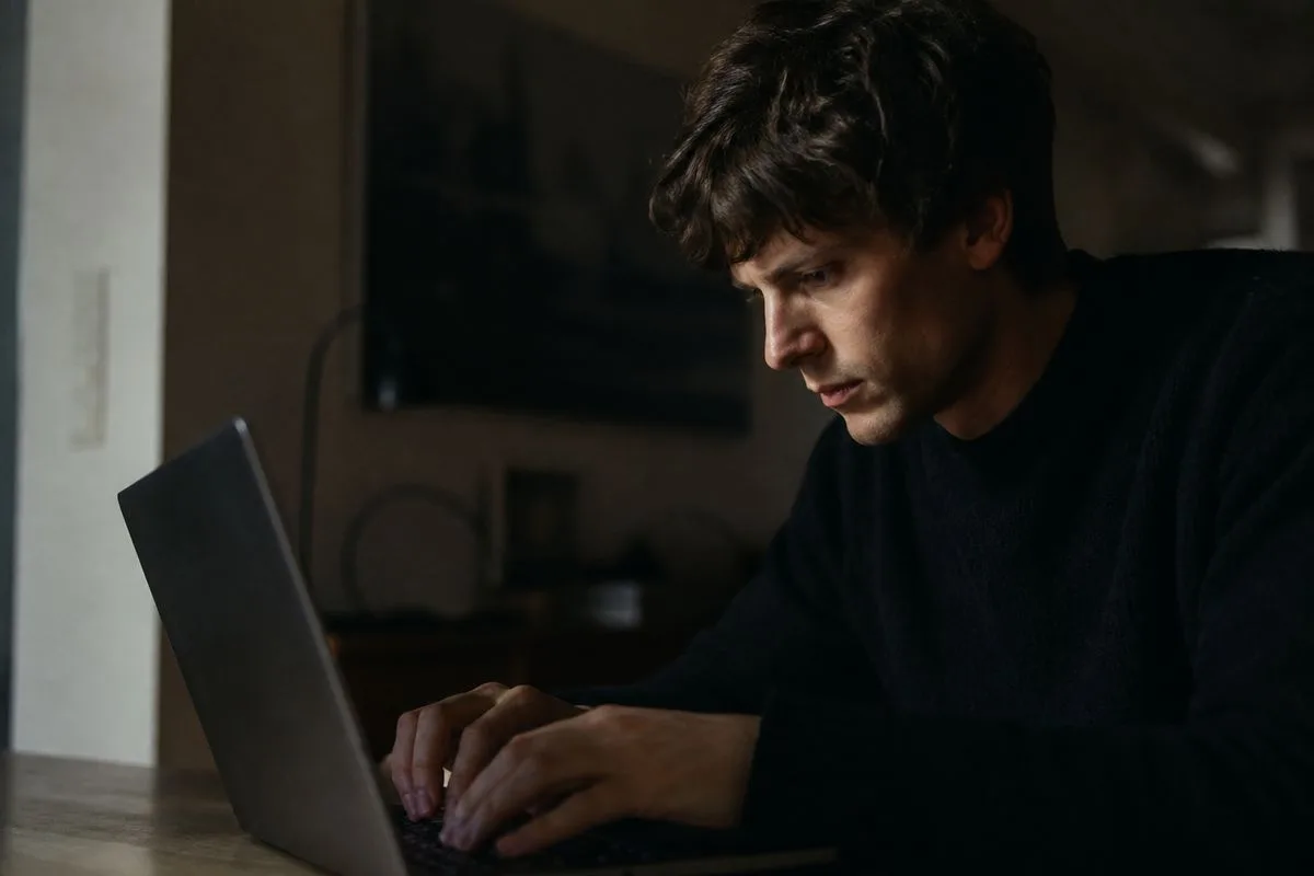 A person typing intensely on a laptop in a dim room
