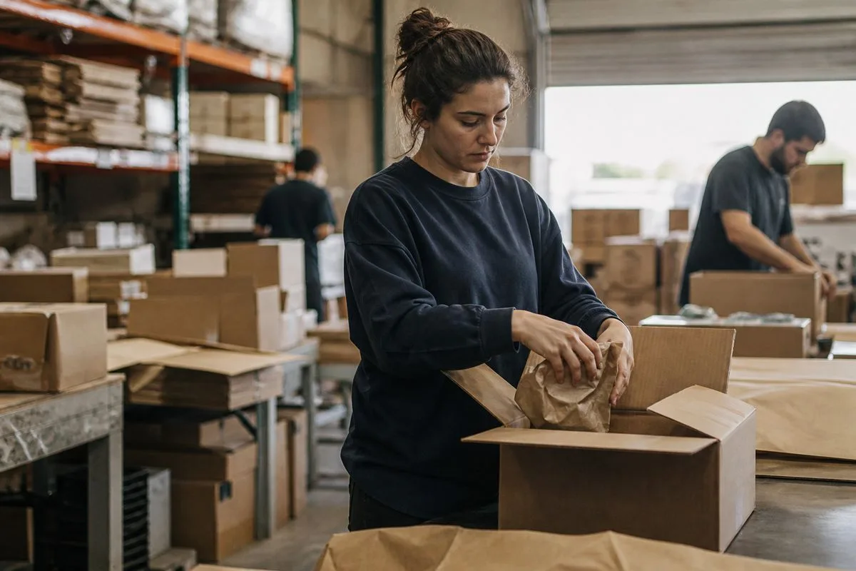 Warehouse staff packing orders for shipment