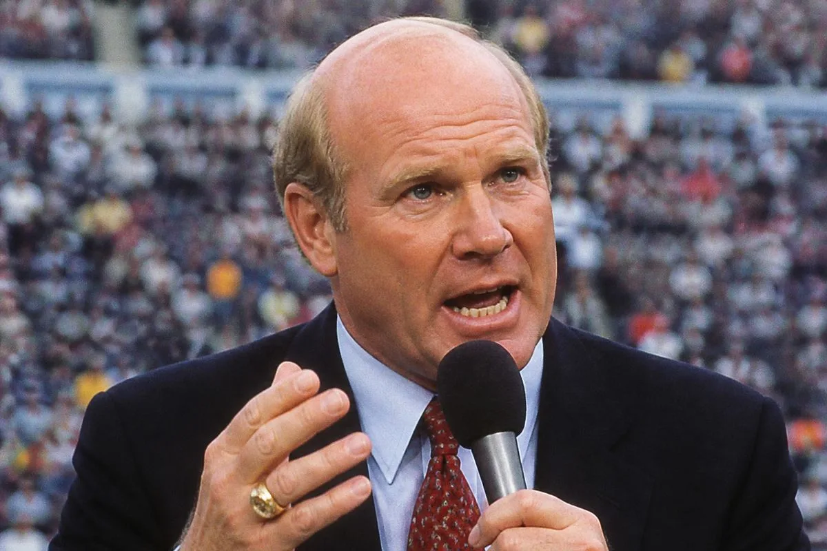 Terry Bradshaw speaking animatedly during a live broadcast