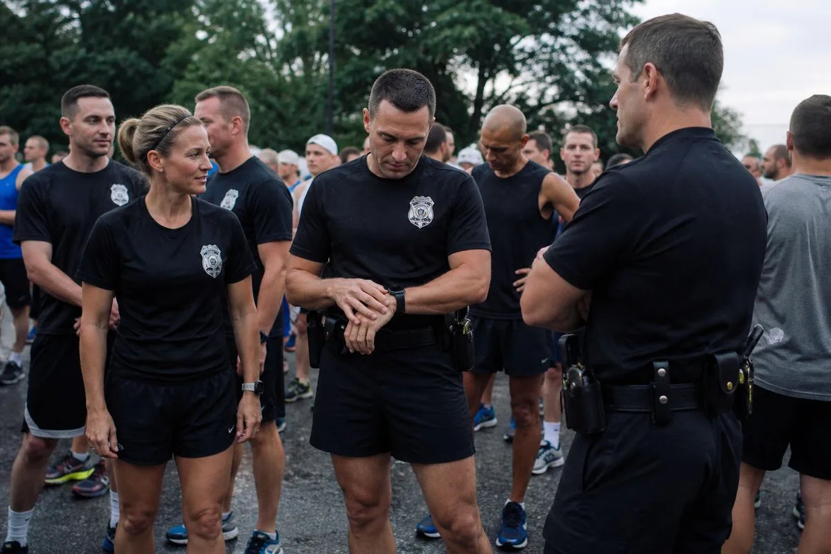 Police officers in running gear preparing for a charity race start.