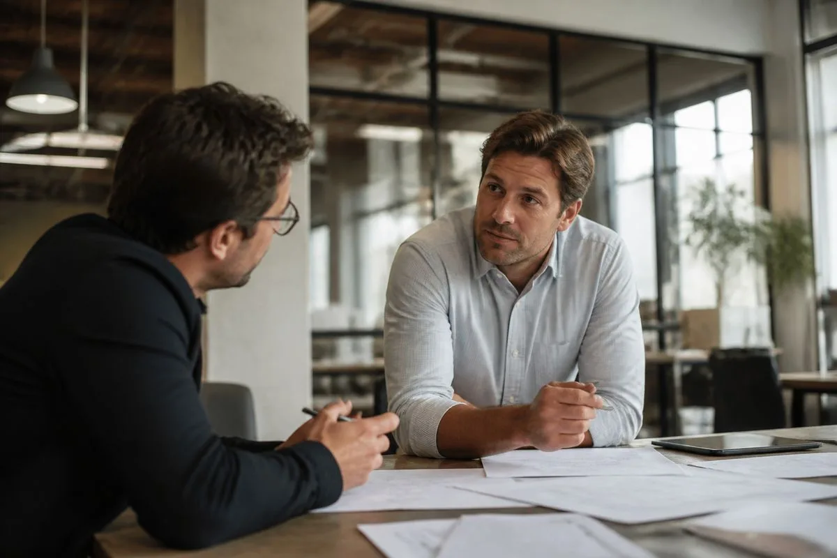 Entrepreneurs discussing plans in a modern office space