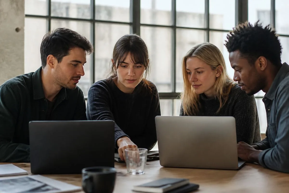 Employees collaborating around laptops with AI software.