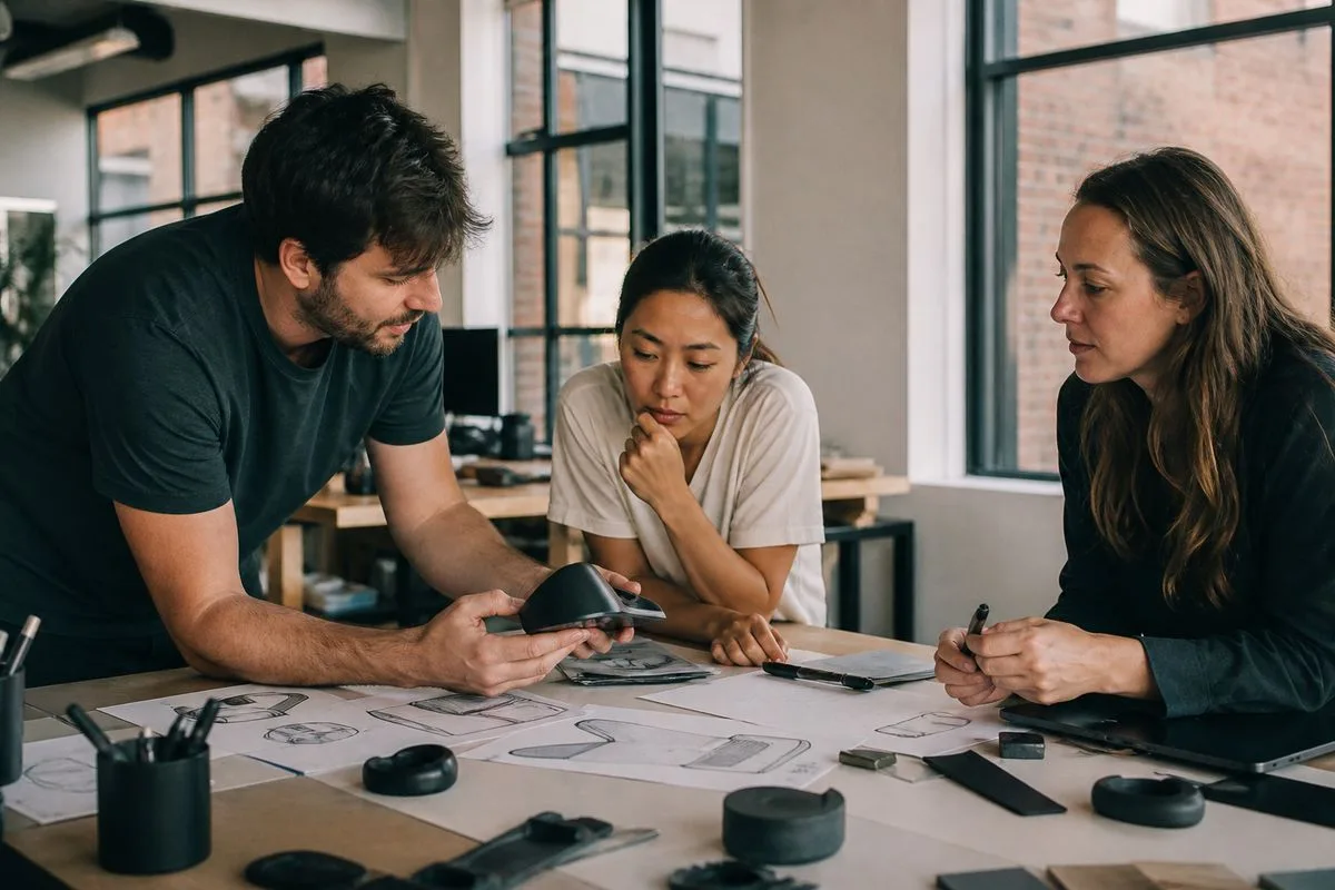 A team collaborating over a product design prototype in an office.