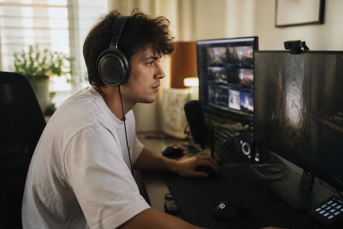 A gamer livestreaming with multiple screens and headset on.