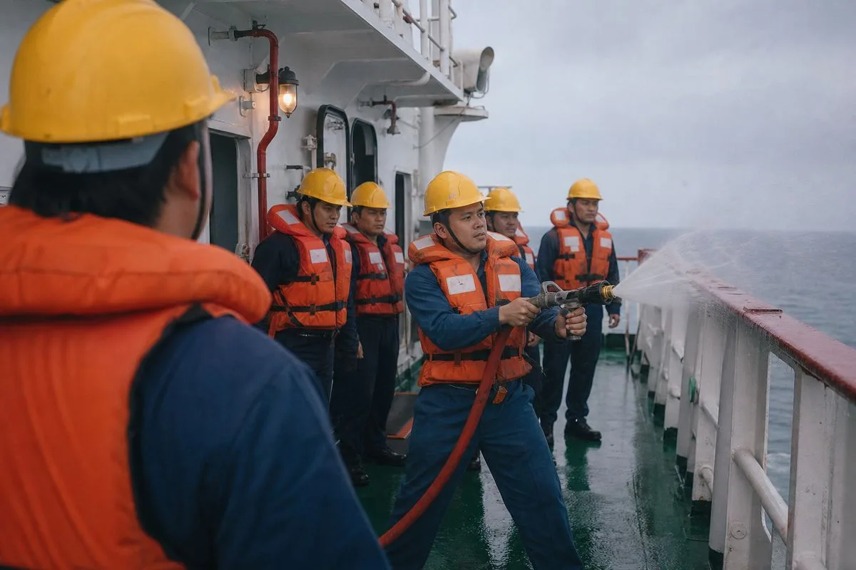 Seafarers conducting a safety drill on a coastal vessel
