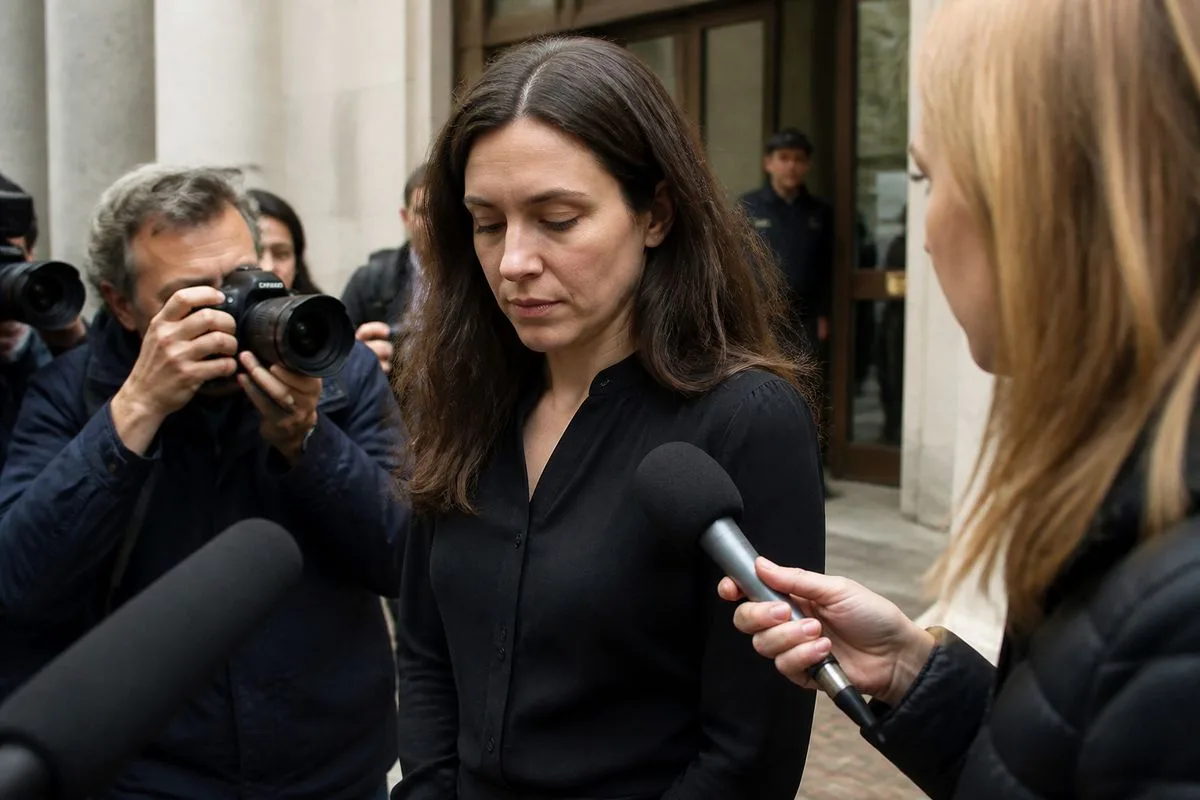 Lindsay Clancy entering a courthouse, surrounded by reporters