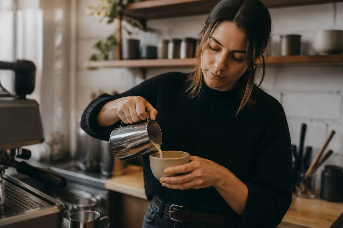 A barista pouring almond milk into a coffee cup.
