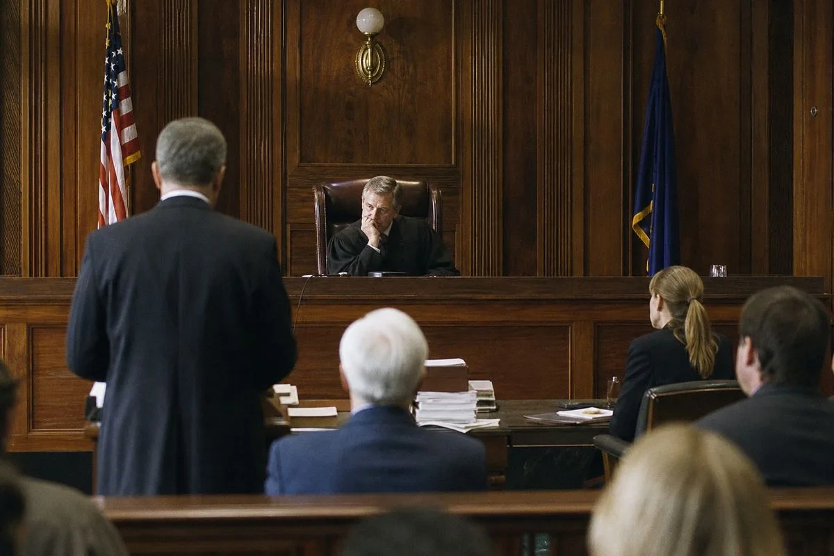 A courtroom with a judge and lawyers in session