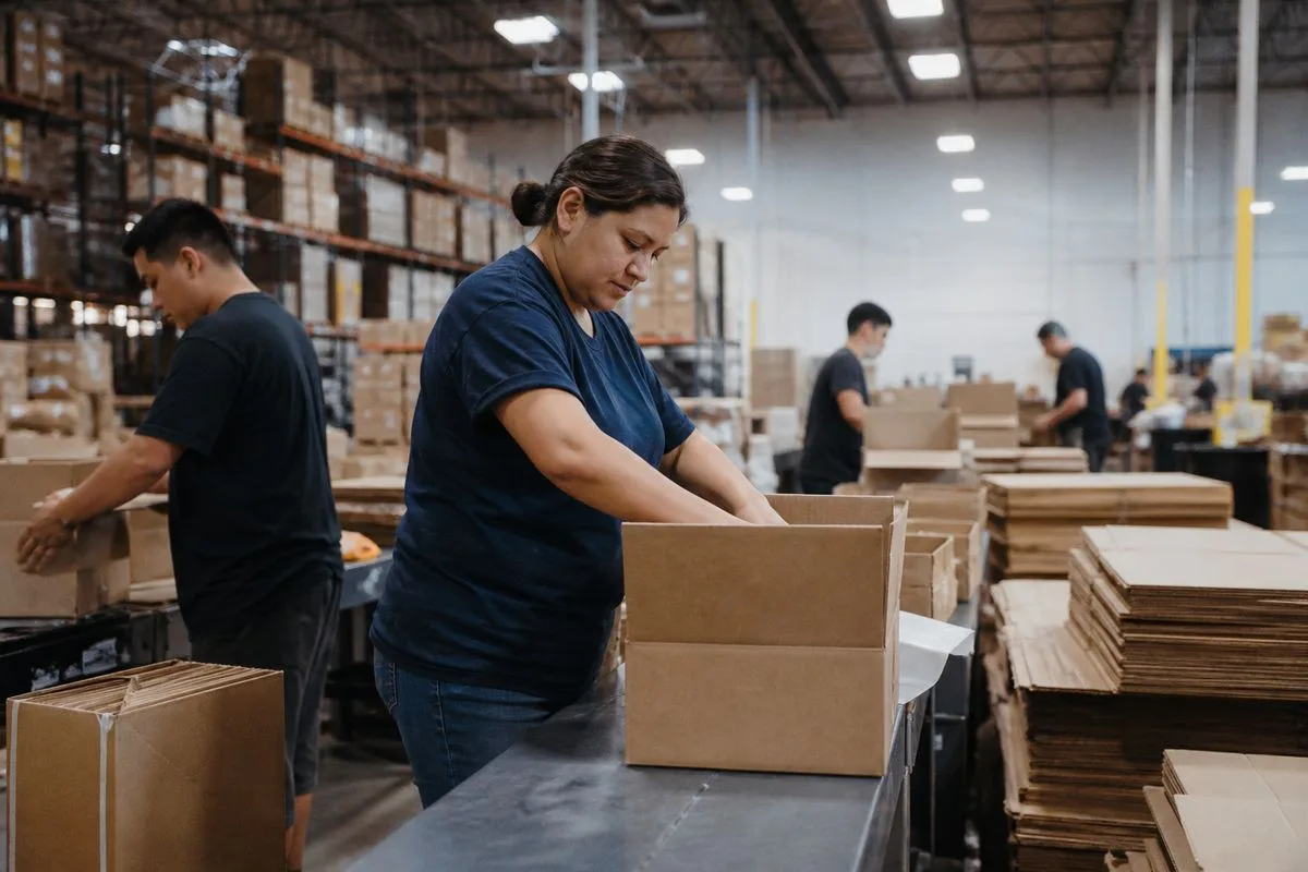 Warehouse workers packing boxes for shipment in a large facility