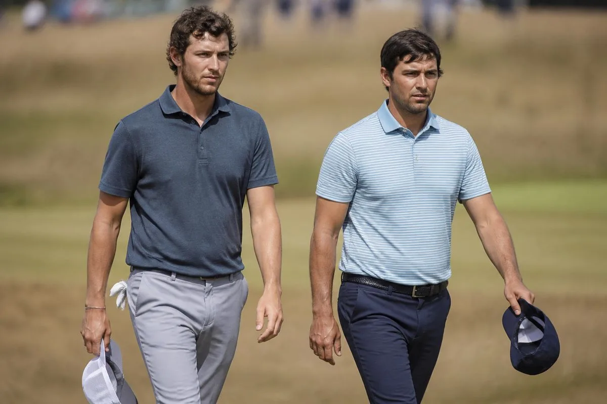 Thomas Pieters and Charles Howell III walking off a golf course.